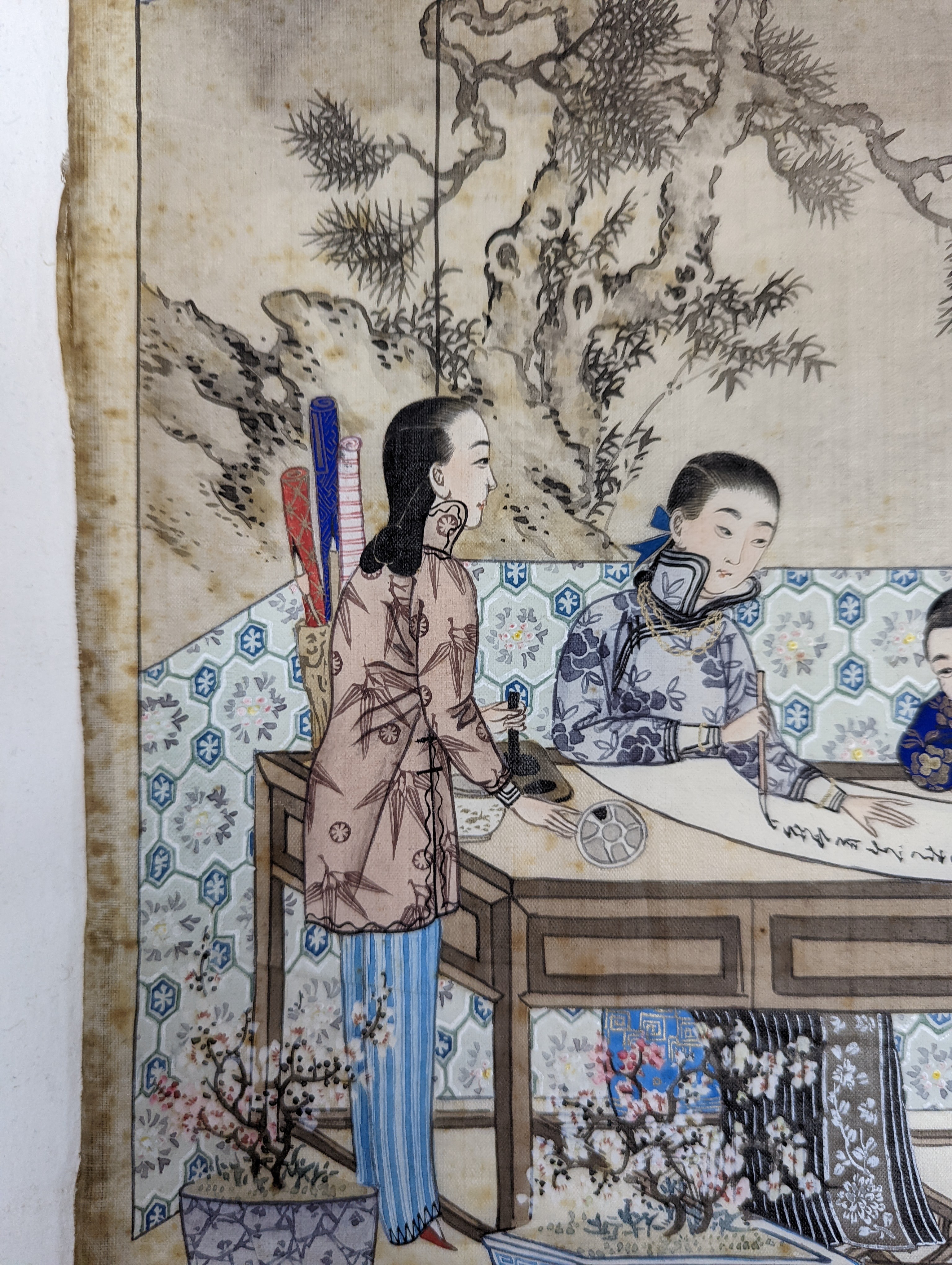 Chinese school circa 1900, gouache on silk, Calligrapher with onlookers, 31 x 40cm, unframed